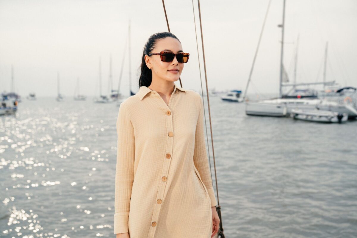 ORGANIC COTTON WOVEN DRESS with Beige Color - Image 4